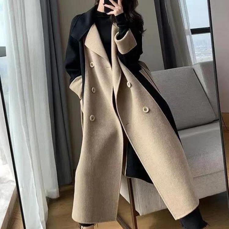Elegant Women Long Coat Casual Thin Woolen Double Sided Cashmere Matching Color Stylish Outerwear