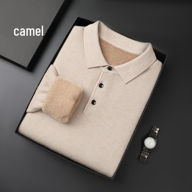 

Men s High-Grade Plus Velvet Knit Polo Sweater - Thickened, Warm, Long Sleeve, Middle-Aged Casual Wear XL верблюд