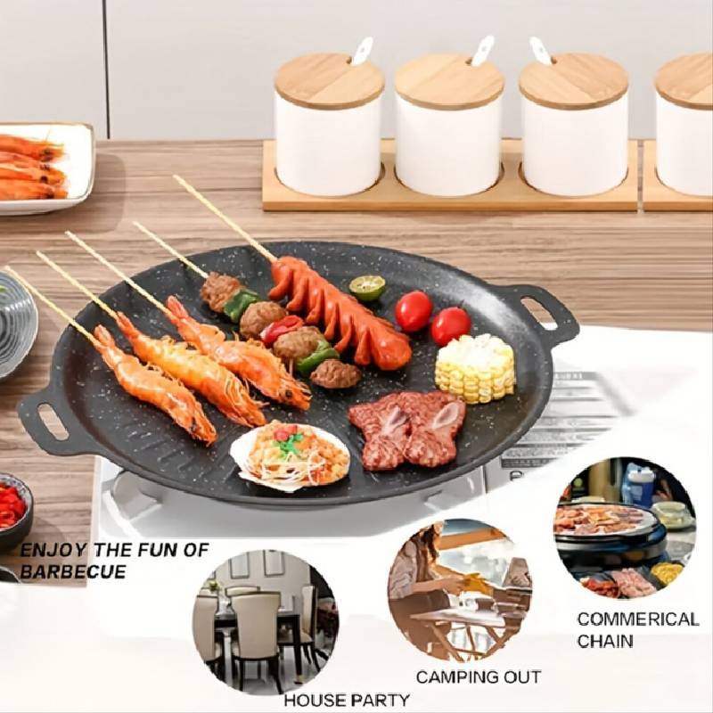 Round Cast Iron Grill Pan For Outdoor Barbecue And Home Use With Sun Pattern Design