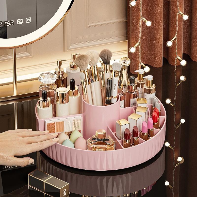 Rotating Cosmetic Storage Box Multi-compartment Dustproof Makeup Organizer for Bathroom Dresser Dorm Use