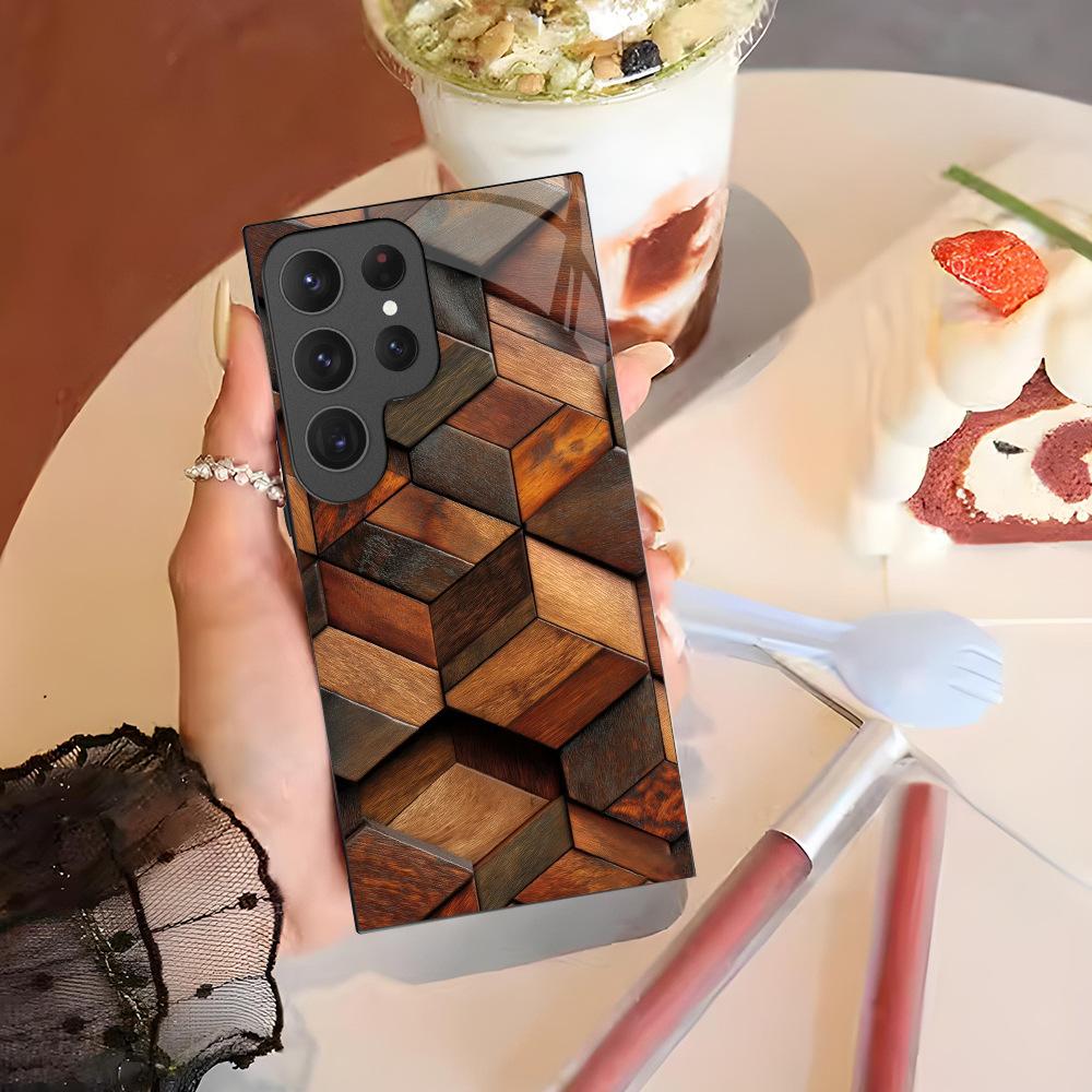 Wood texture square for Samsung mobile phone case A35 creative high-transparency glass case S25Ultra protective case s20