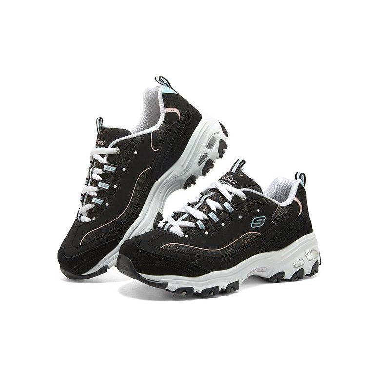 Skechers D'Lites Sparkling Rain Leather Trendy Abrasion Resistant Low Top Chunky Sneakers Women's Black White 149060-BKLB