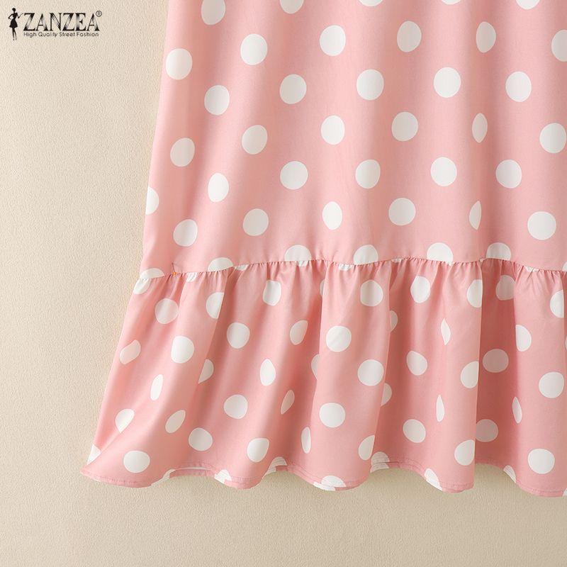 ZANZEA Women Casual Round Neck Short Sleeve Polka Dot Print Patchwork Summer Dress