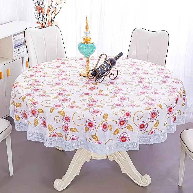 Pvc Hotel Waterproof Tablecloth Printed Oil Resistant Large Circular Table Cloth Hotel Plastic Round Table Cover With Lace Hem