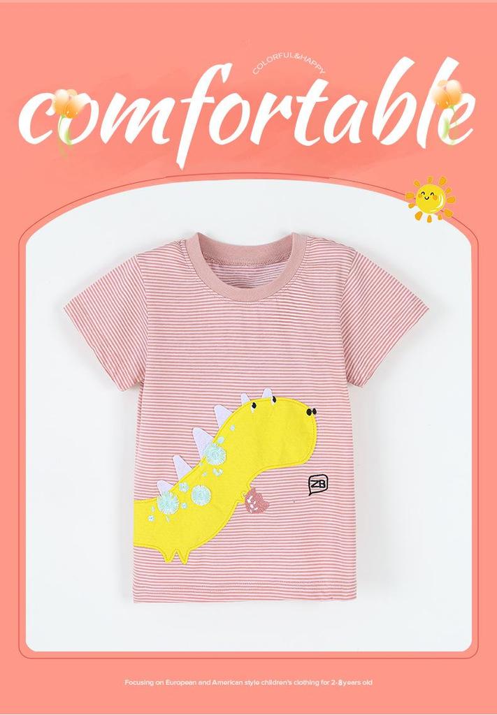 Dinosaur Embroidery Floral Girls' Knitted Cotton T-shirt - European & American Style