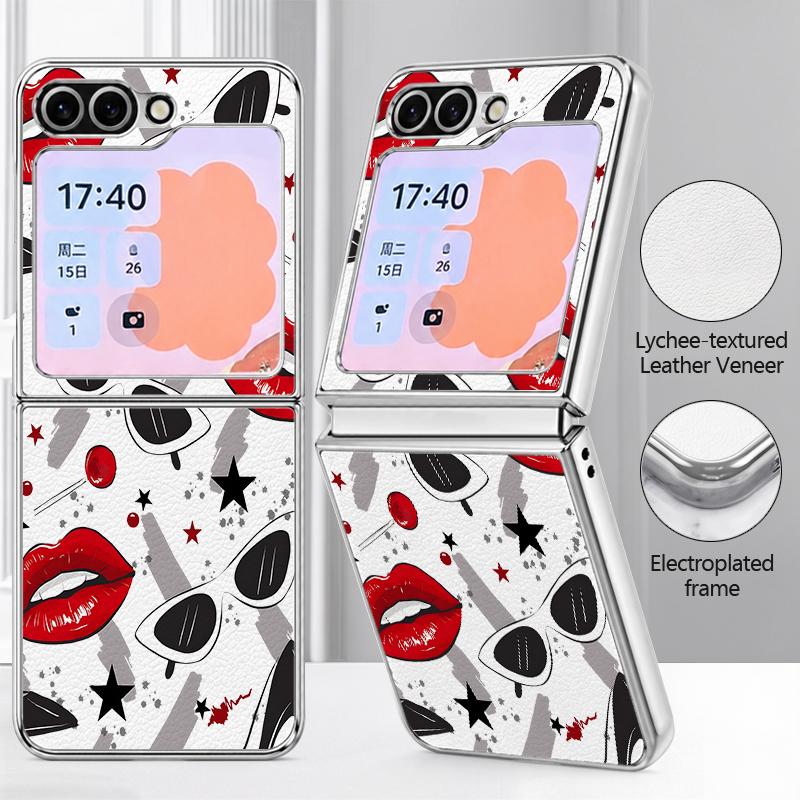 Fashion Kiss Lips Pattern Case For Samsung Galaxy Z FlIP 7 FE 6 5 Plating PC+PU Leather Hybrid Folding Cover For Samsung Z Flip7 Flip6 Flip5