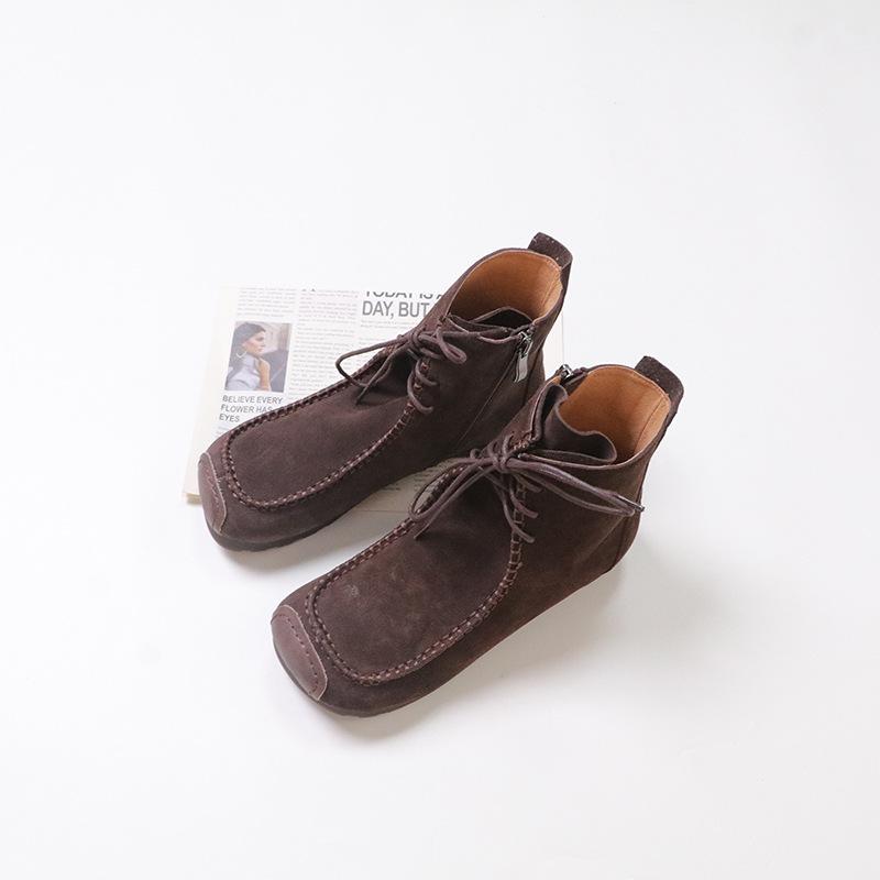 

Johnature Винтажные короткие ботинки на шнуровке из коровьей замши, универсальные, с квадратным носком, на мягкой подошве, удобные женские ботильоны 40 кофейный