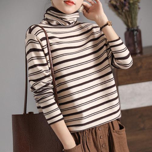 

водолазка повседневная женская футболка топ осень и зима новая внутренняя повседневная тонкая с длинным рукавом полосатая базовая рубашка L