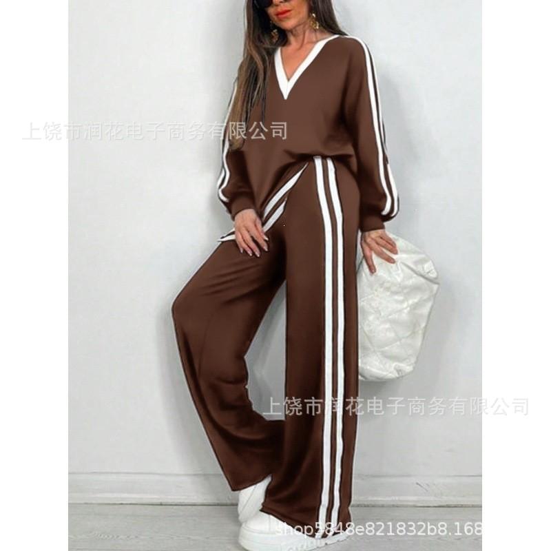 1116 trendy brand spring and autumn new fashion casual V-neck striped trousers long-sleeved crew neck suit women's clothing