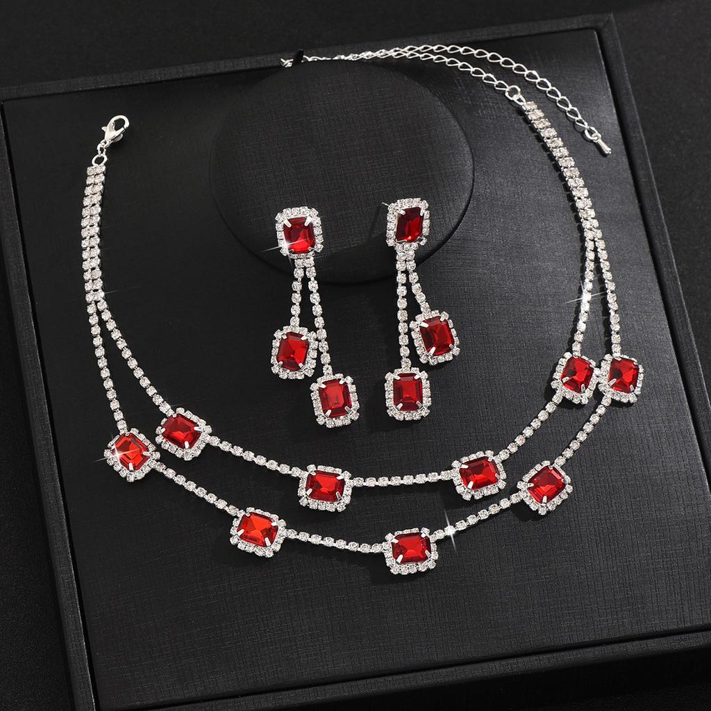 Collana Quadrata a Doppio Strato con Orecchini Pendenti - Set di Due Pezzi Lussuoso per Matrimonio