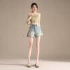 RAIN.CUN Women's Retro Distressed High-Waist A-Line Wide-Leg Denim Shorts