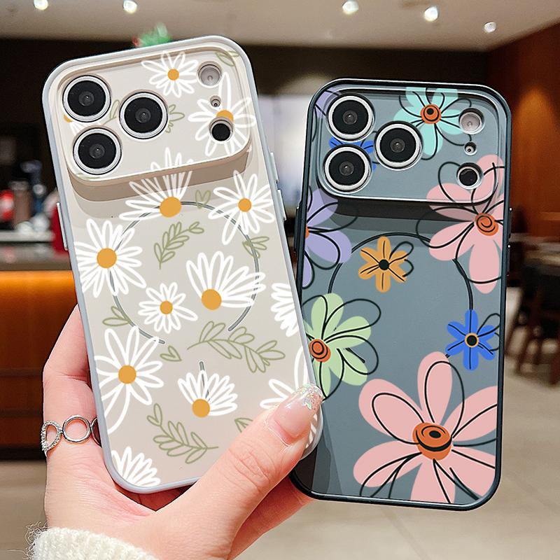 Cartoon Floral Pattern Case For iPhone 17 Pro Max Magnetic For Magsafe Hybrid Slim Matte Cover For iPhone 16 15 14 13 Pro Max Daisies Peach Blossom
