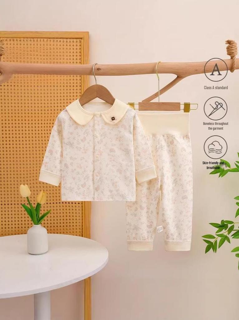 Frühlings- und Herbst-Baby-Baumwoll-Zweiteiler mit hohem Bund, nahtlos - Prinzessinnen- & Britischer Stil