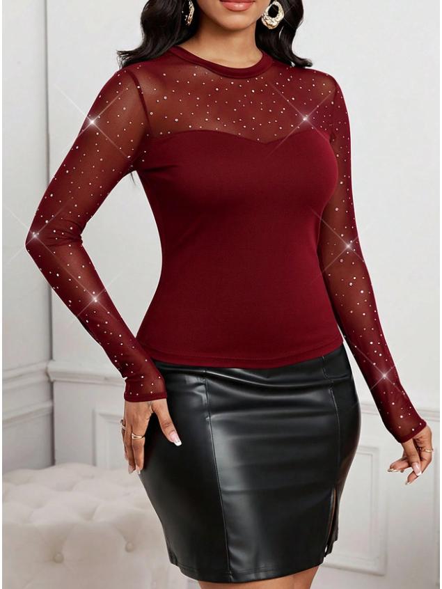 2025 Women's Sexy Slim Fit Shiny Mesh Long Sleeve Top