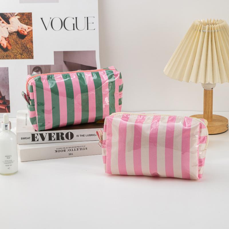 Pvc Striped Cosmetic Bag Makeup Bag With Zipper Waterproof Travel Toiletry Bag Makeup Brush Case 1Pc