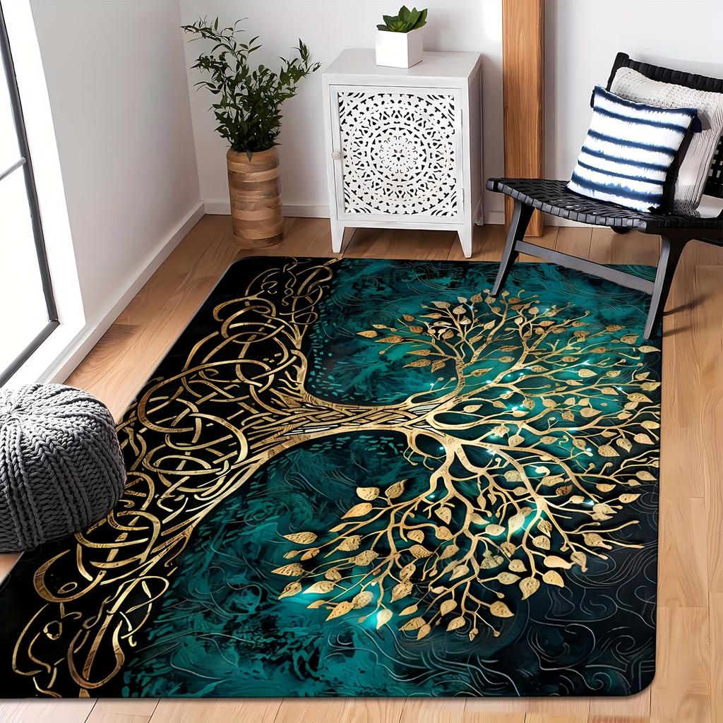 [Item] 1pc Golden Leaf Tree Carpet - Machine Washable - Area Rug for Living Room Coffee Table, Bedroom, Entry Door Mat