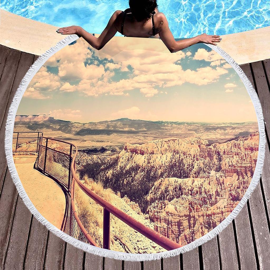 Pretty Country Scenery Print Round Beach Blanket,Polyester Sand Resistant Beach Towel,Absorbent Quick Dry Pool Towel Picnic Mat
