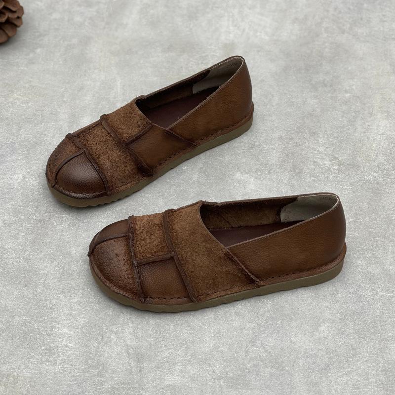 Johnature Handmade Loafers Genuine Leather Flats Retro Round Toe Soft Soled Cowhide Women's Slip-on Shoes