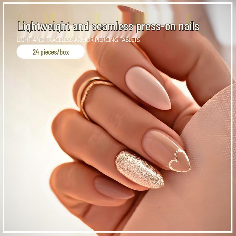 

24-Piece Heart Glitter French Manicure Removable Nail Patches UV Gel Layer with Glue