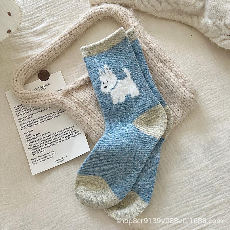 

Осенние и зимние японские теплые утолщенные носки до середины икры, хлопковые шерстяные носки для щенков, женские One size синий