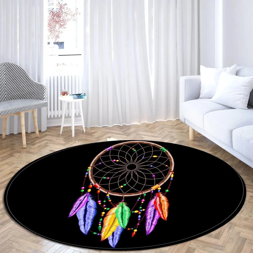 

Boho Crystal Velvet Dreamcatcher Round Rug, Colorful Tribal Print Non Slip Floor Mat for Living Room, Bedroom, Office Decor 60cm