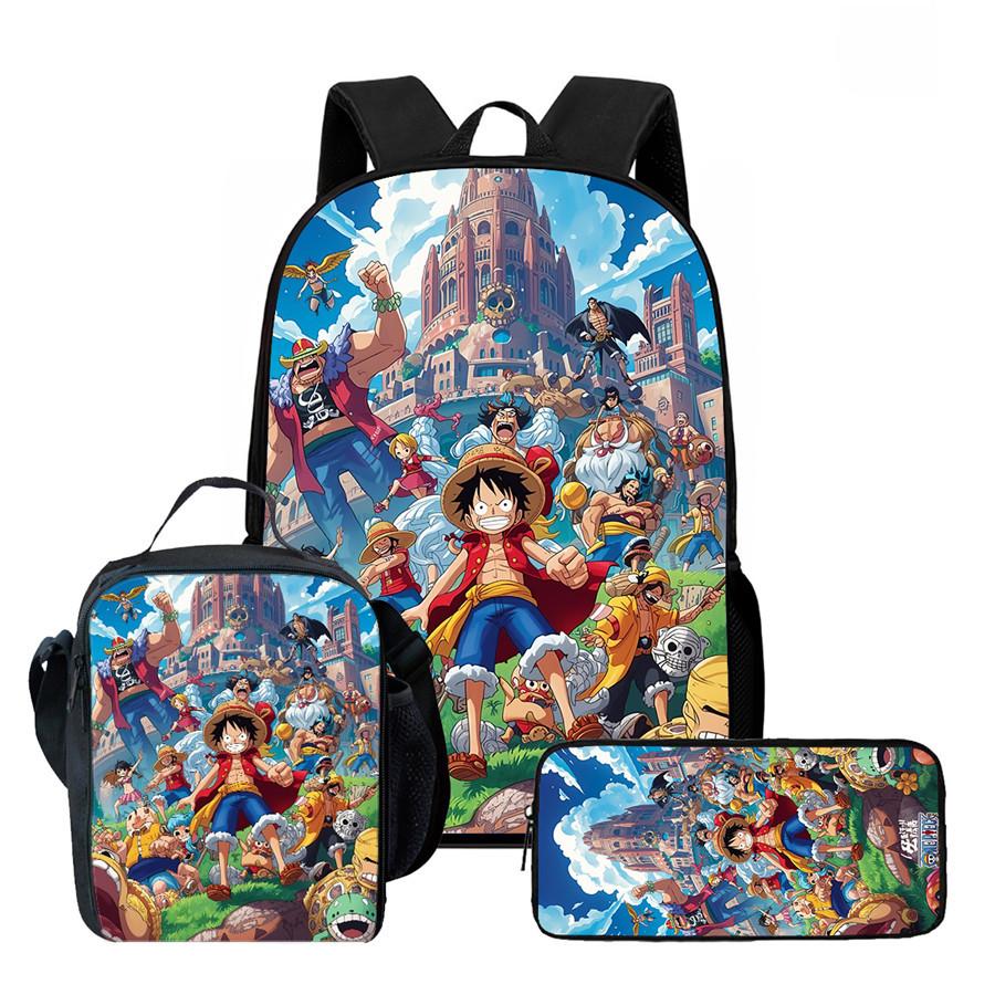 One Piece Anime Backpack 3Pcs Set Cartoon School Backpack Crossbody Bag Pencil Case Student Schoolbag Travel Backpack Gift