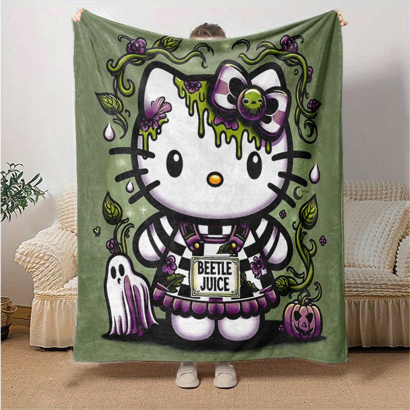 1pc Cartoon Spooky Hello Kitty Blanket, Cartoon Throw for Home Decor, Gift Idea, All Seasons Use, Cozy Bedding Cover, Room Decoration, Living Room, Tr
