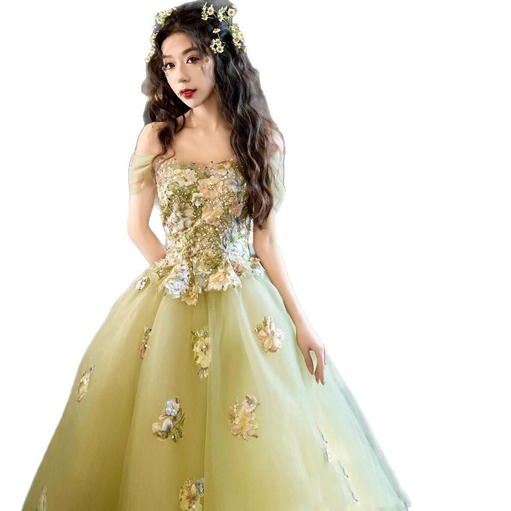 Flower Fairy Evening Dress Student Day Adult Ceremony Host Engagement Princess Gauze Dress One-word Shoulder Art Examination Entrance Performance