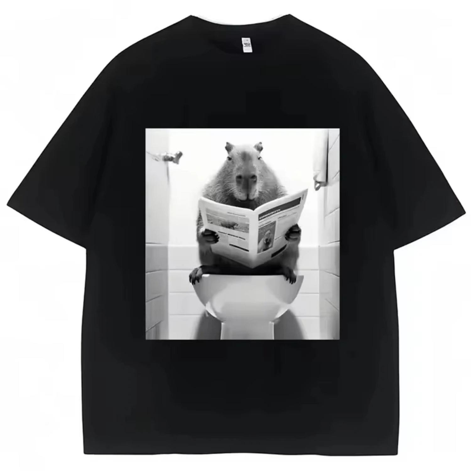 

Funny Capybara Bathroom Graphic Men Clothing Tee Shirt Homme New in Top Short Sleeve Round Neck Printing Pullover T-Shirt 33390 S чёрный