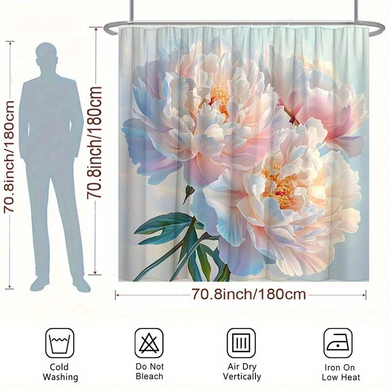 1pc Large Blooming Peony Shower Curtain - Realistic Soft Pastel Art, Polyester, 70.8x70.8", 12 Hooks, Washable & Durable