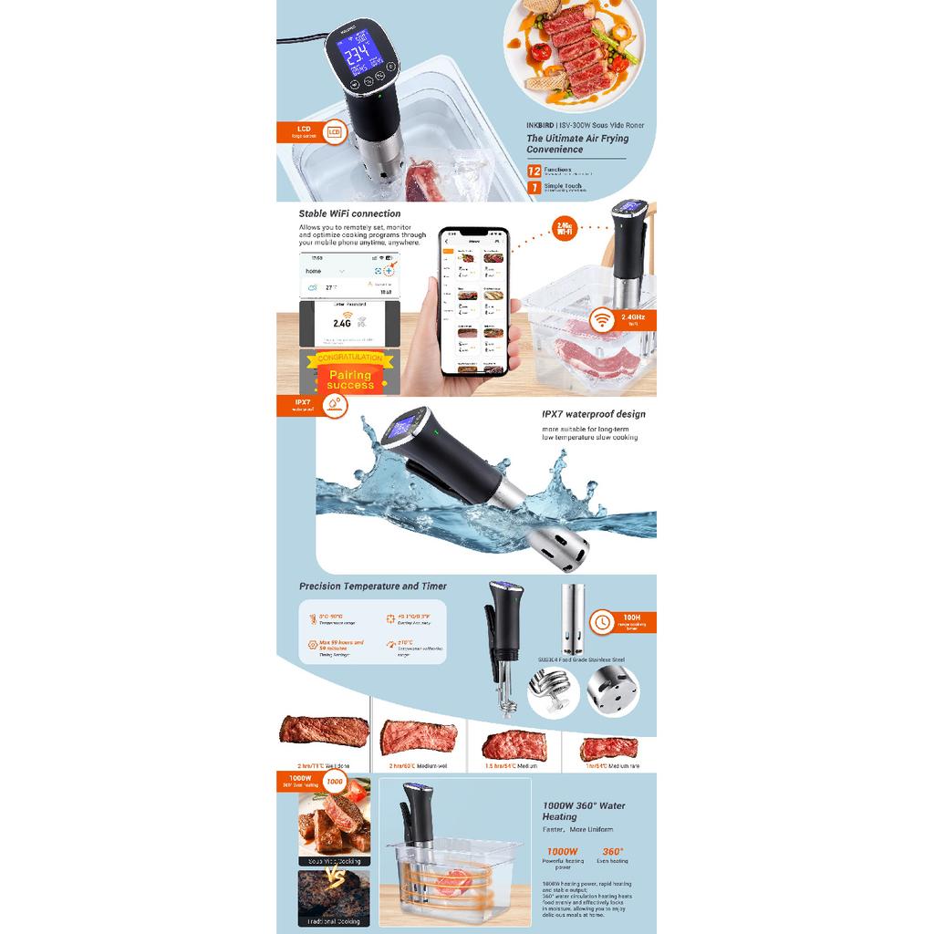 INKBIRD ISV-300W WiFi Sous Vide Machine 220V EU Plug IPX7 Waterproof Sous Vide Cooker APP Remote Control with Recipes Alarms