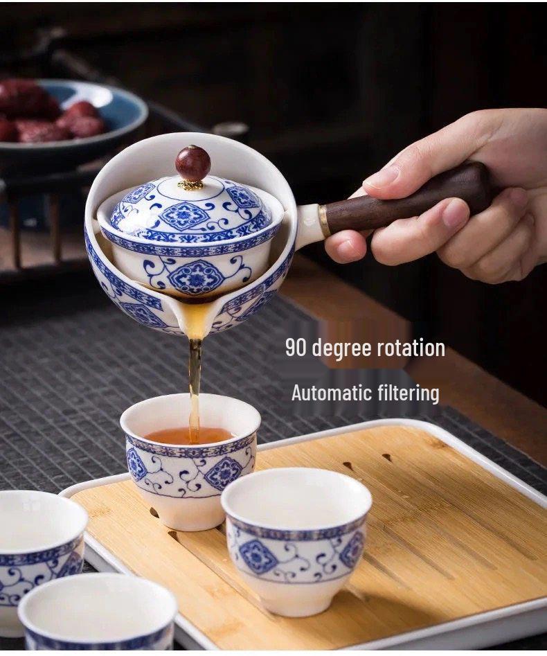 Compact Travel Tea Set with Automatic Rotating Teapot and Side Handle Kung Fu Cups