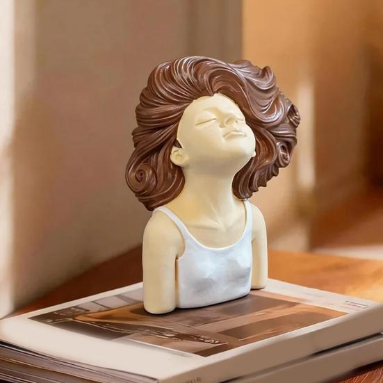 Braunhaariges lockiges Mädchen Header Figur Harzkopf Büste Skulptur für Schlafzimmer Wohnzimmer Heimbüro Schreibtisch Regal Dekoration