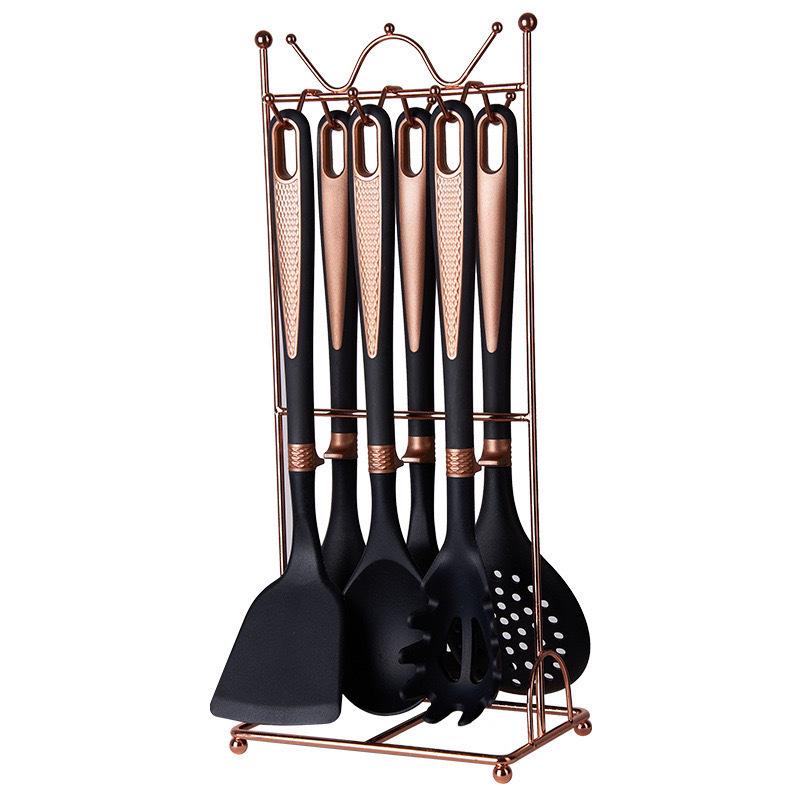 Silicone 7-Piece Kitchen Utensil Set with Storage Rack: Heat-Resistant, Non-Stick Spatula, Slotted Spoon, Ladle.