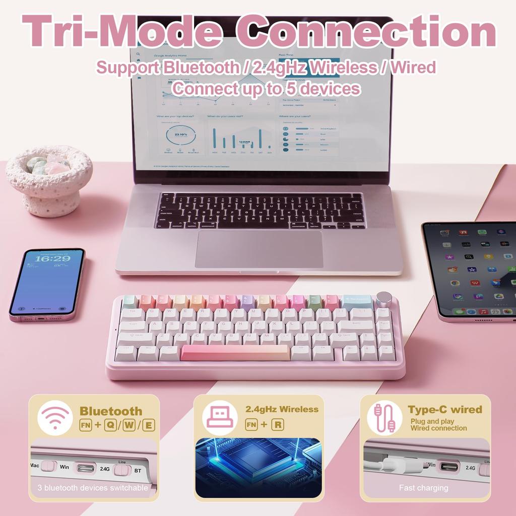 YUNZII B68 65% Wireless Mechanical Keyboard Gaming Keyboard BT5.02.4GHzWired Hot Swap Compatible Gasket Keyboard RGB Backlight for WinMac Technical
