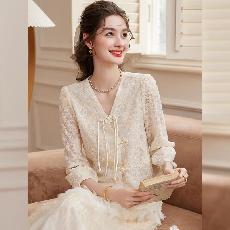 Bailuyu New Chinese Style Lace V-Neck Cardigan with Disc Buttons M