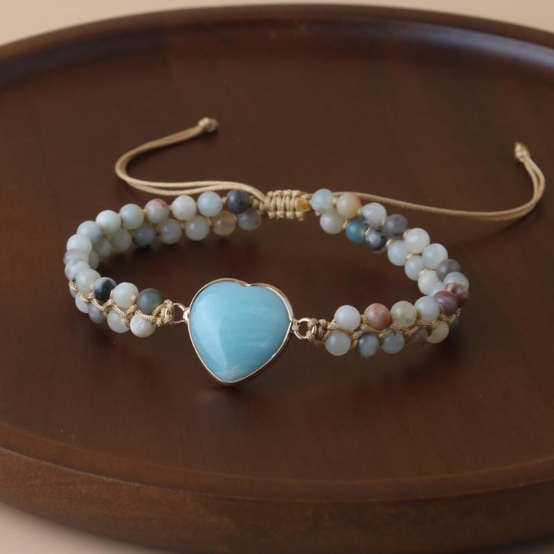 Amazonite Heart Beaded Bracelet – Mixed Stone & Gold Accent Adjustable Dainty Jewelry, Love Calm Gift for Women