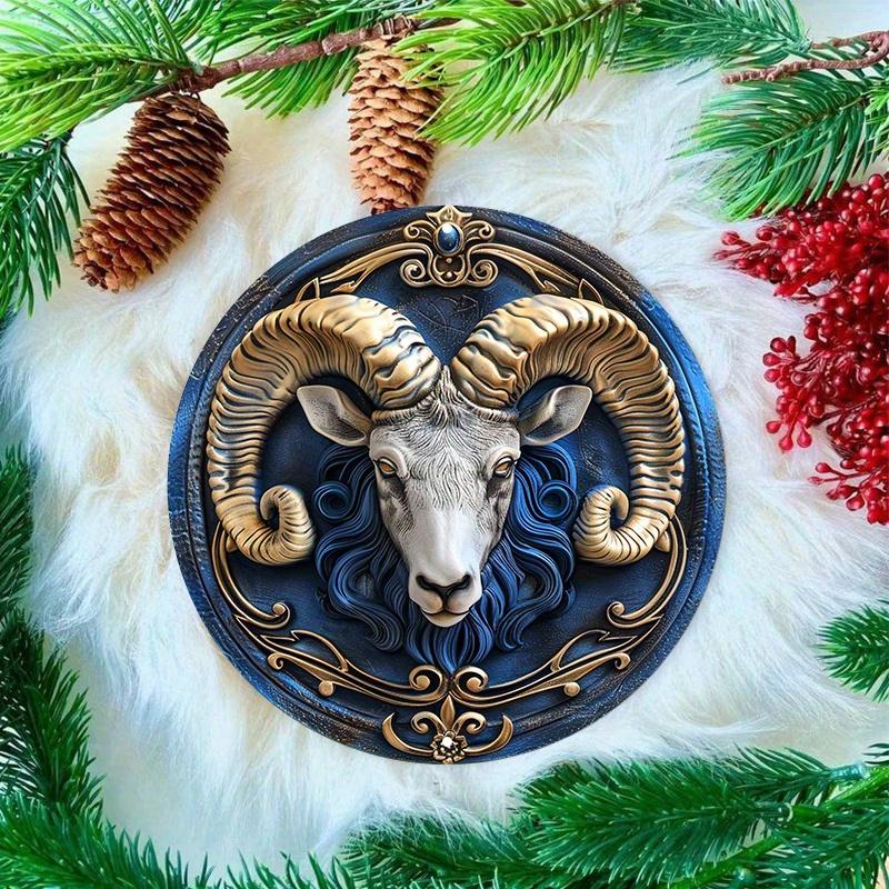 Aries Zodiac Ram Wooden Wall Decor, Round Metal Sign Weather-Resistant Artwork Door Hanger or Wreath Decoration