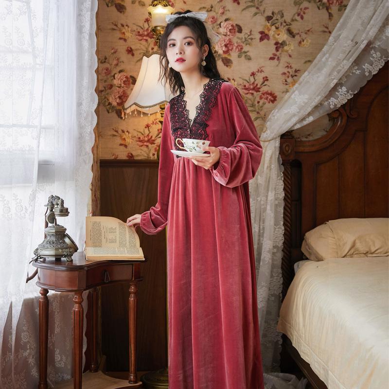 Court Style Women's Long Sleeve Nightgown - Spring/Autumn/Winter, Warm Black Pajamas, Slim Fit, Plus Size Homewear