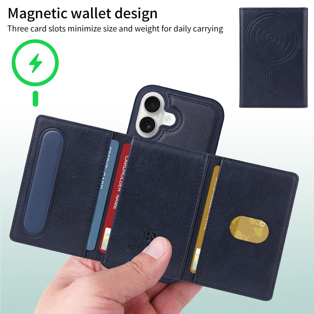 For iPhone 16 Magnetic Case BETOPNICE Leather Phone Cover Kickstand with Detachable Card Bag