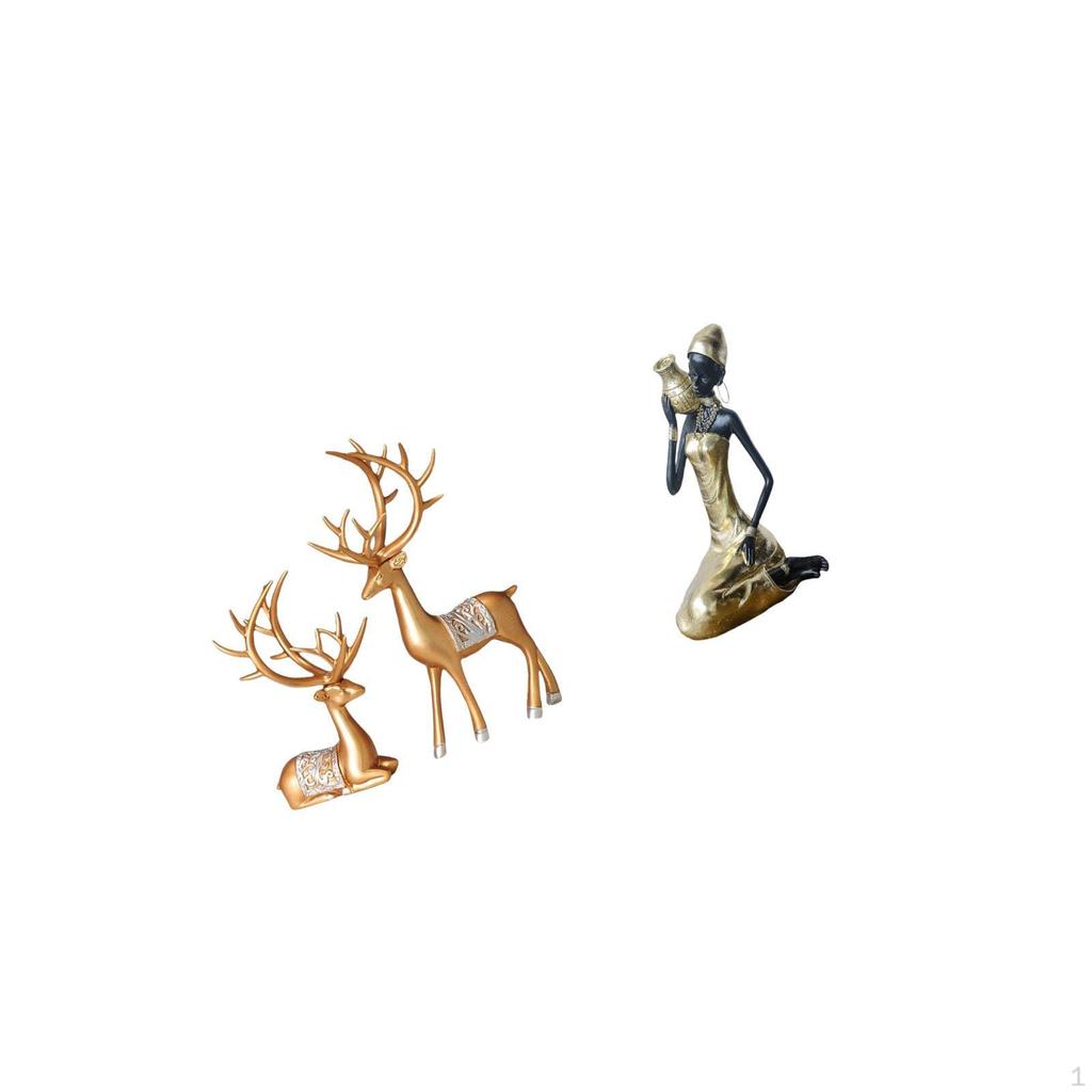 European Reindeer And African Tribal Lady Sculpture Collectible Art Piece Handmade Resin Ornament