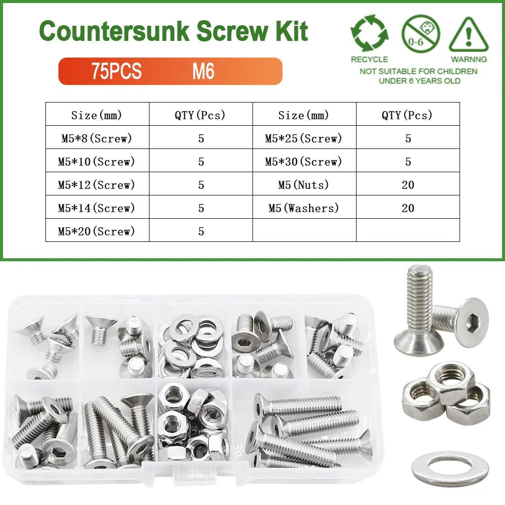 M2 M3 M4 M5 M6 304 Stainless Steel Screw Bolt Nut Washer Kit Countersunk Machine Screws Gasket Hex Allen Nuts Set Assortment