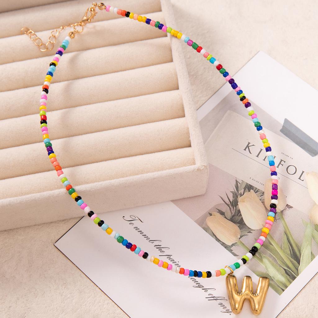 Bubble Alphabet Colored Rice Beads Handmade Beaded Delicate Beach Bohemian Necklace Collarbone Chain