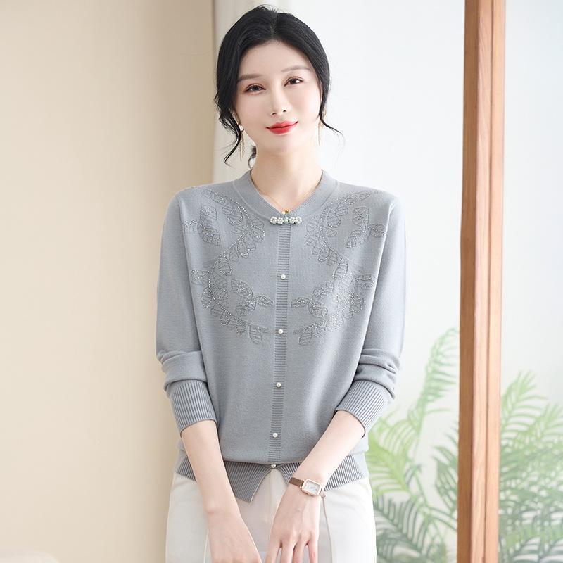 Elegant 2026 Spring Outfit: Stylish Knit Sweater for Middle-aged & Elderly Women - Chinese Style Top for Spring & Autumn L (105-120 jin) синий
