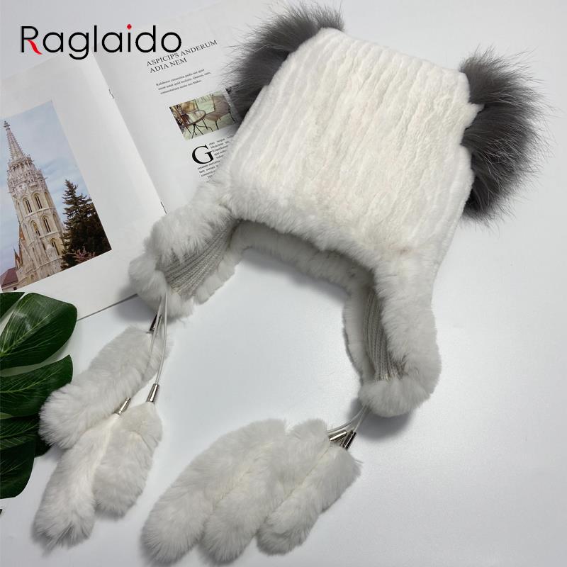 Chapéus de pele de coelho natural para mulheres, abas de orelha, rabos fofos, chapéu de inverno quente e estiloso