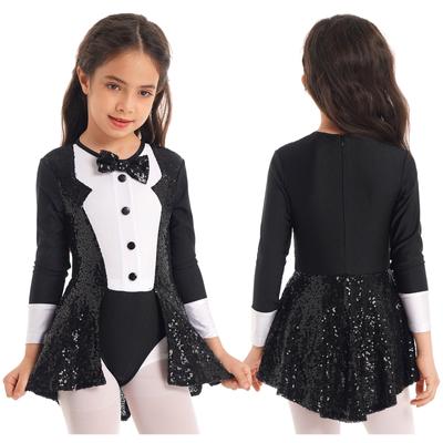 Mädchen Tanztrikot mit Rundhalsausschnitt und langen Ärmeln, Pailletten und Fliege, Kostüm für Cosplay-Auftritte