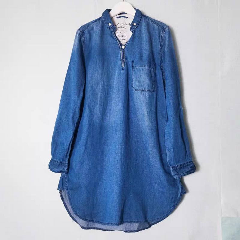 

Export Fashion Original Order Pure Cotton Washed and Worn Denim Pullover Mid Length Long Length Long Sleeves Shirt Women s V-neck Slimming Small Size Pullover Denim small size S