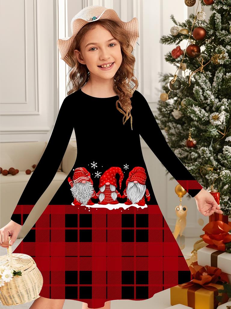 Mädchen Herbst- und Wintermodekleid, 3D Weihnachtsprint Rundhalsausschnitt Lang Kinder-T-Shirt-Kleid, Lässig Vielseitig, Weihnachtskleidung