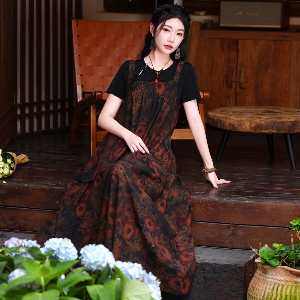 Johnature Woman Spring Fashion Casual Vintage Style Loose Dress Niche Devise Abstract Print Suspenders Dress