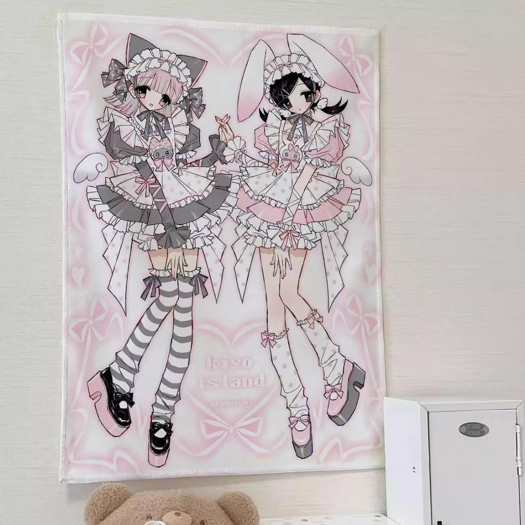 Cute Cat Rabbit Anime Tapestry Kawaii Lolita Maid Wall Decor Ins Style Dorm Bedroom Background Cloth Aesthetic Home Decoration